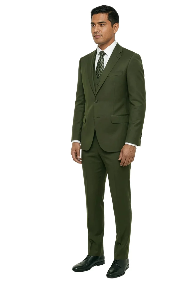 Men's Two Button Slim Fit Vested Solid Basic Color Suit in Olive Green - Image 2