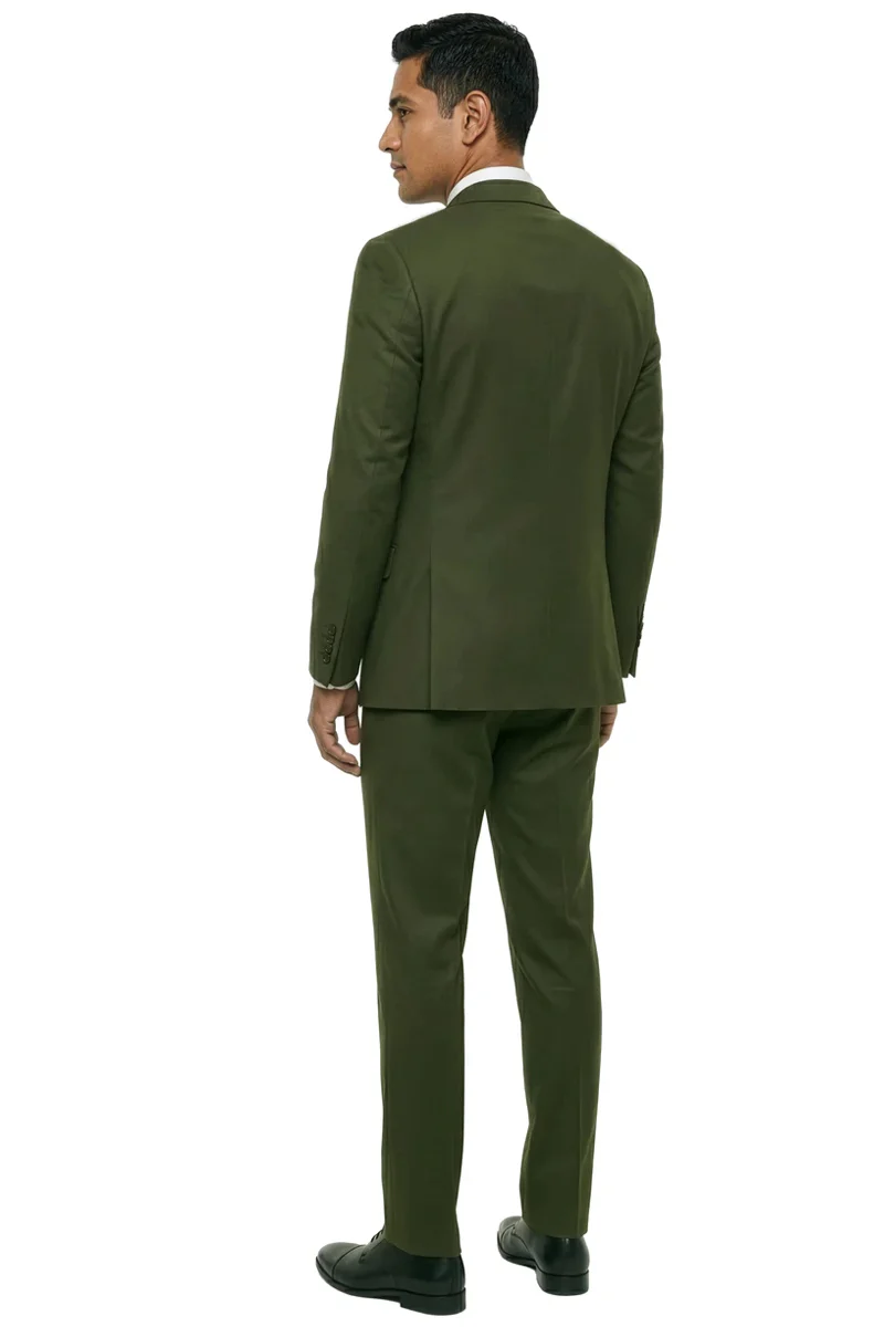 Men's Two Button Slim Fit Vested Solid Basic Color Suit in Olive Green - Image 4