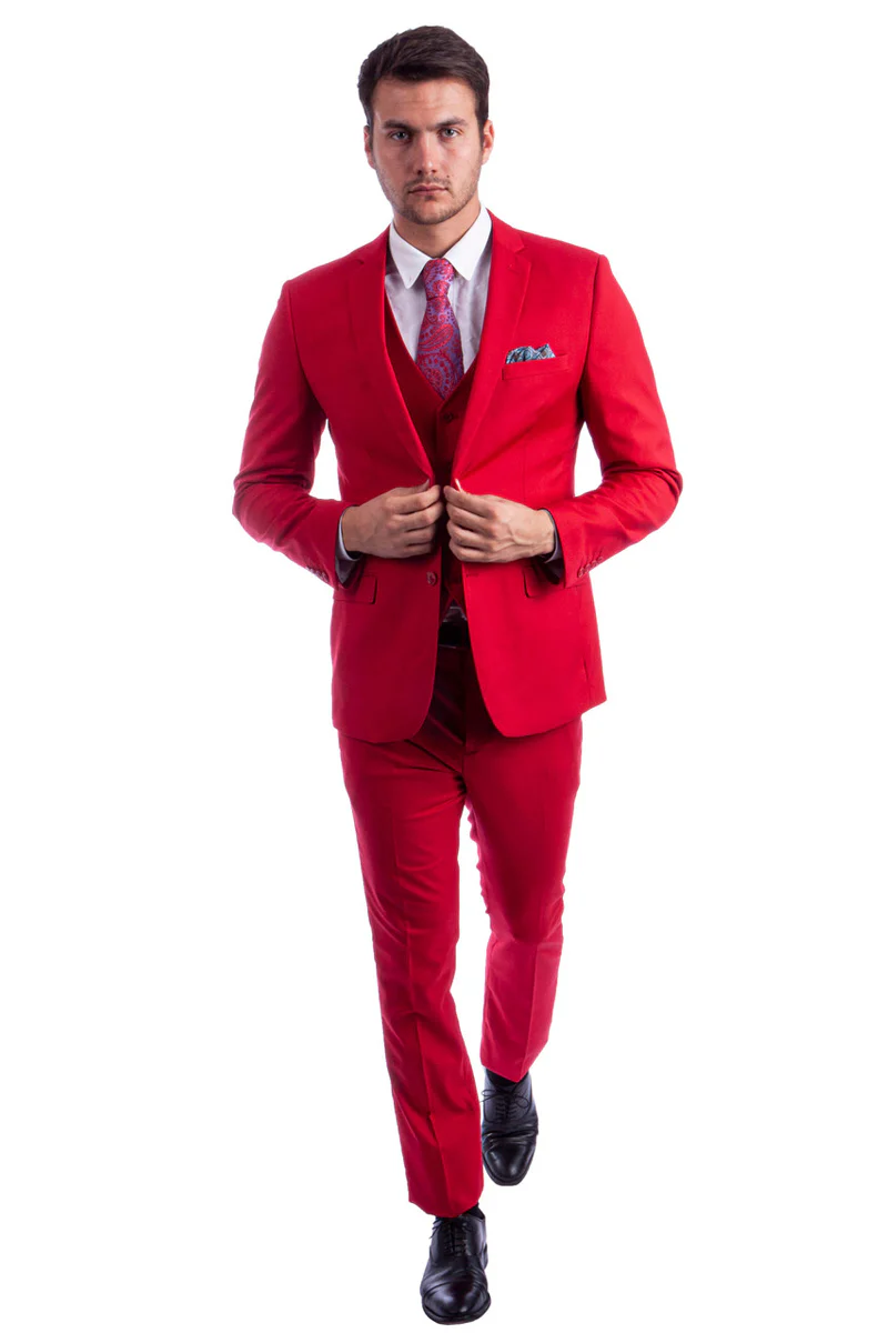 Men's Two Button Slim Fit Vested Solid Basic Color Suit in Red - Image 2