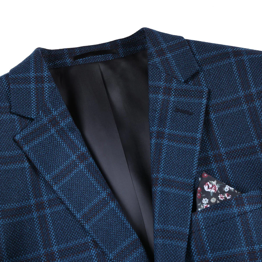 Mens Two Button Slim Fit Wool Sport Coat Blazer in Dark Navy Blue Windowpane Plaid - Image 2
