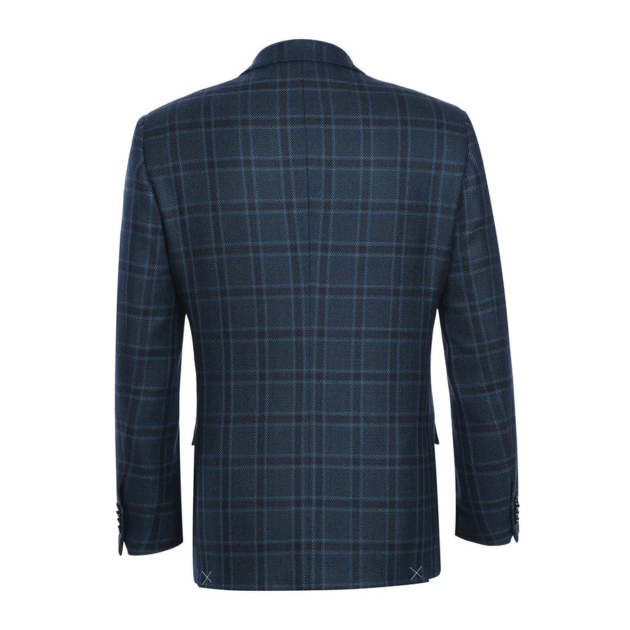 Mens Two Button Slim Fit Wool Sport Coat Blazer in Dark Navy Blue Windowpane Plaid - Image 3