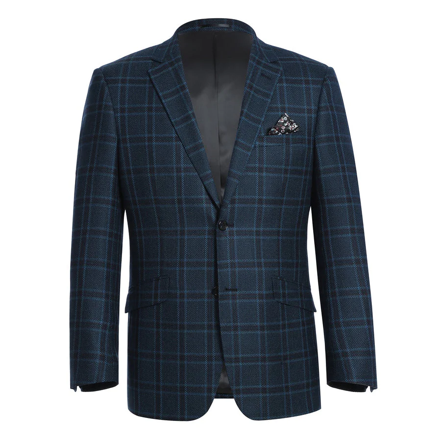 Mens Two Button Slim Fit Wool Sport Coat Blazer in Dark Navy Blue Windowpane Plaid - Image 4
