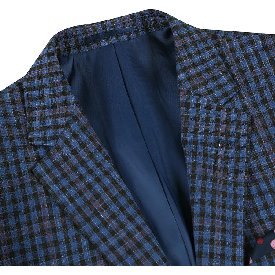 Mens Two Button Slim Fit Wool Sport Coat Blazer in Navy Blue & Burgundy Mini Check - Image 2