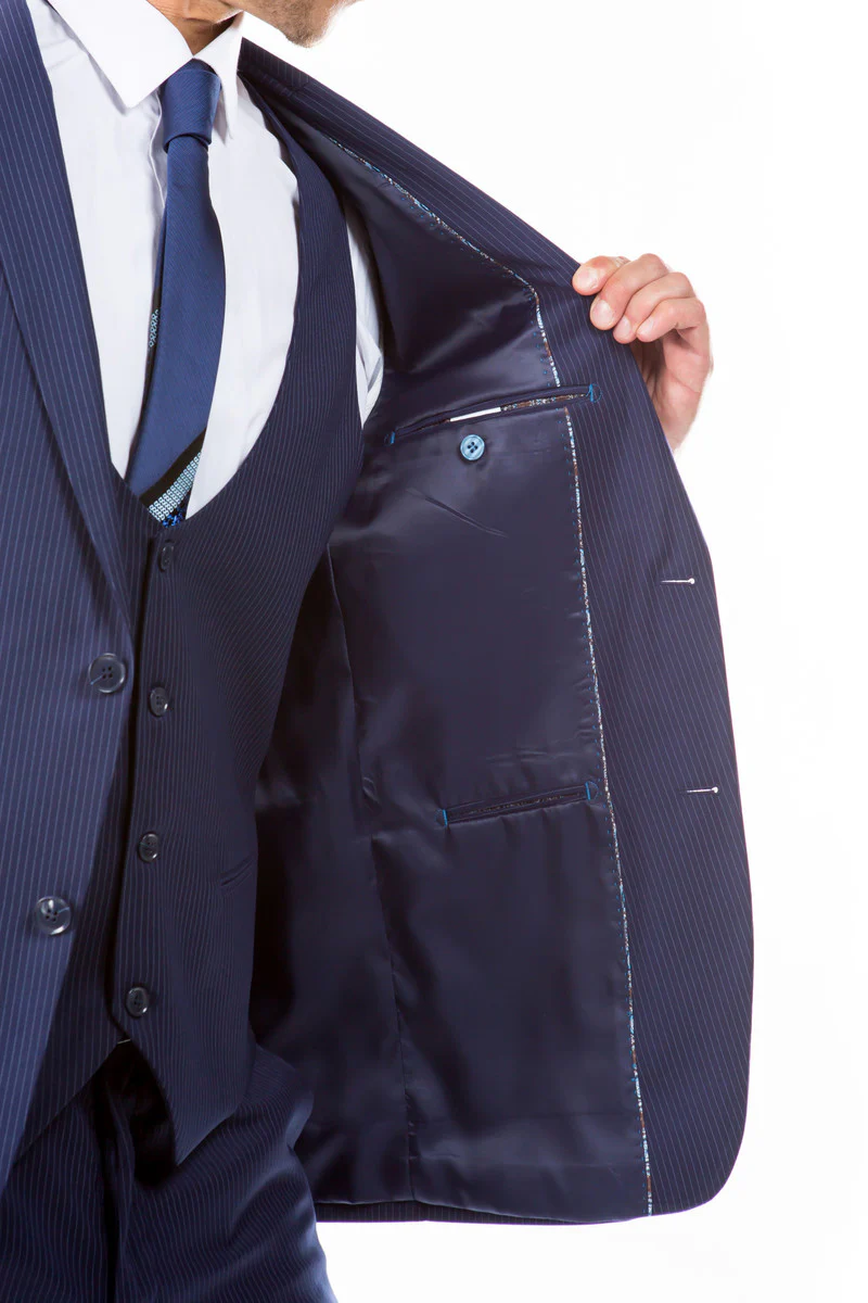 Men's Two Button Vested Hybrid Fit Micro Mini Pinstripe Business Suit in Navy Blue - Image 3