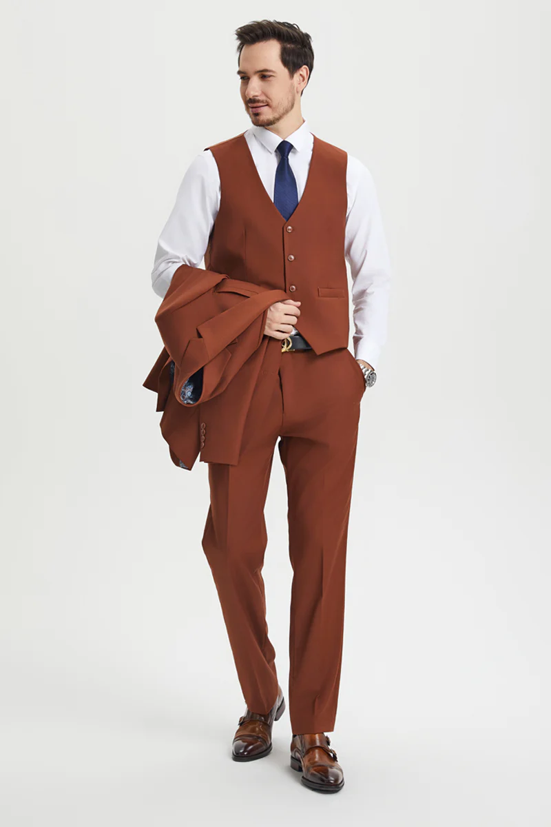Men's Two Button Vested Stacy Adams Basic Designer Suit in Brown Rust - Image 4
