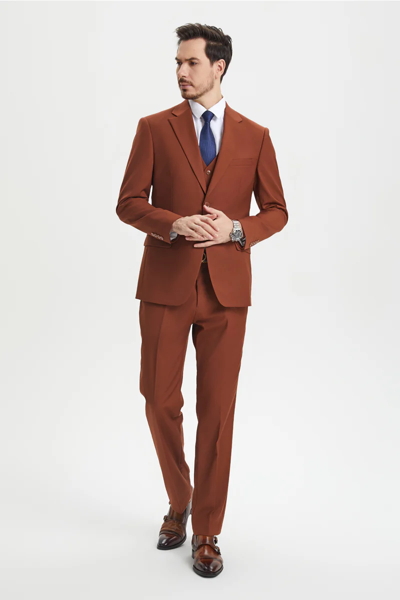 Men's Two Button Vested Stacy Adams Basic Designer Suit in Brown Rust - Image 6