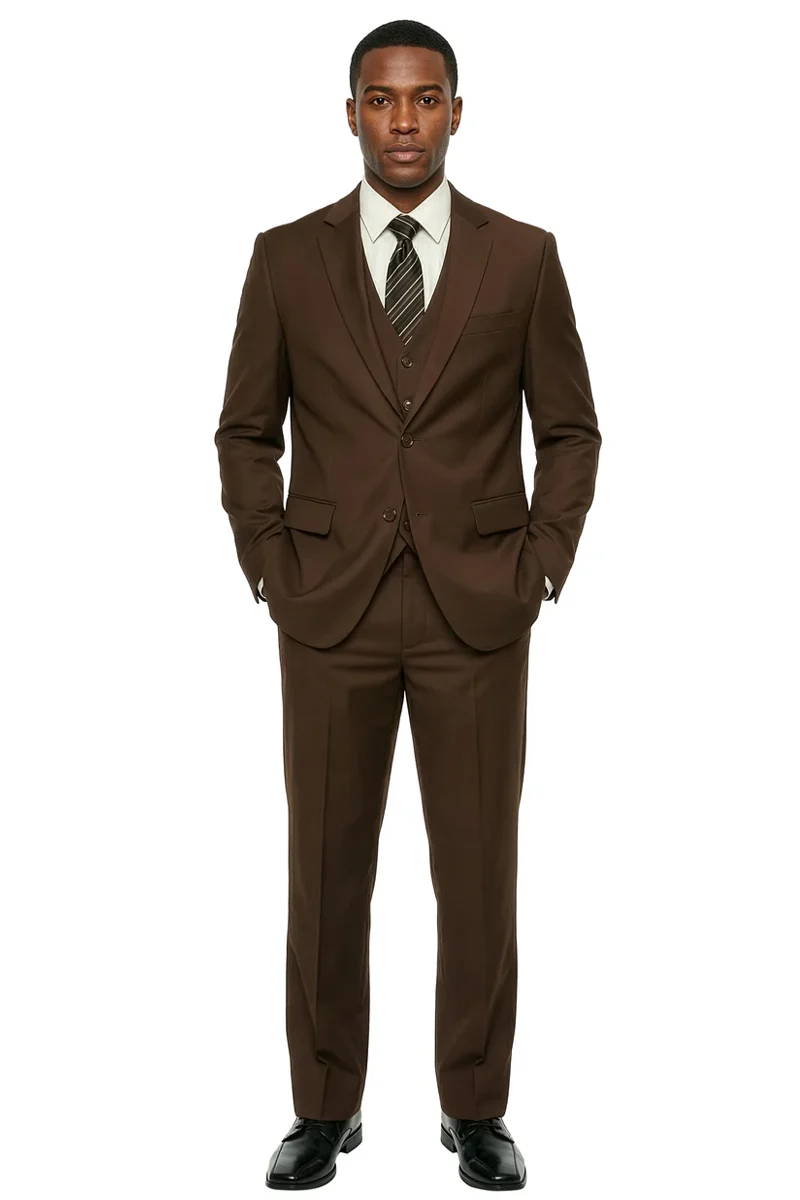 Men's Two Button Vested Stacy Adams Basic Designer Suit in Chocolate Brown - Image 3