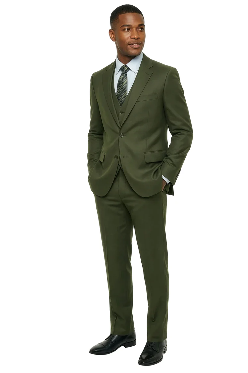 Men's Two Button Vested Stacy Adams Basic Designer Suit in Olive Green - Image 2