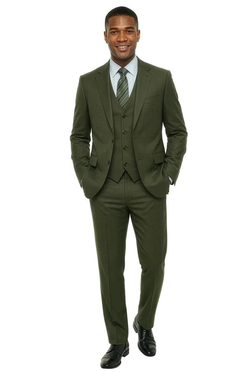 Men's Two Button Vested Stacy Adams Basic Designer Suit in Olive Green - Image 3