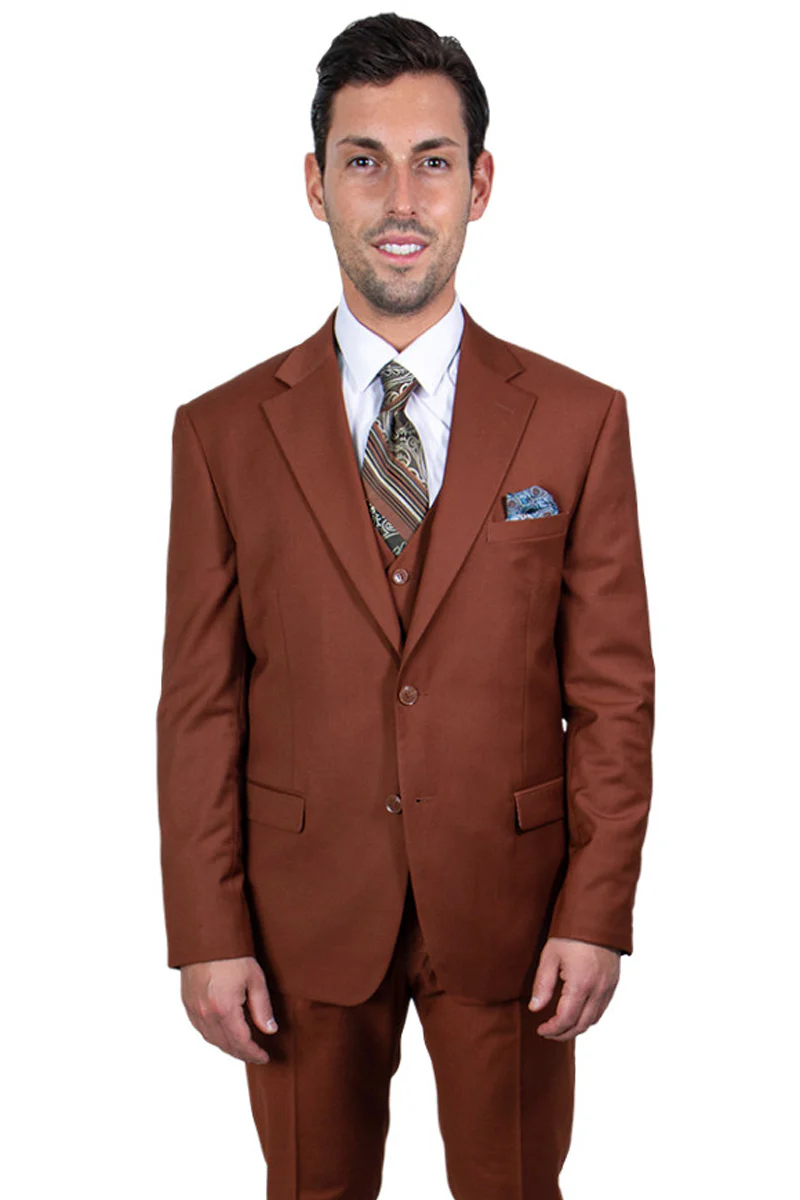 Men's Two Button Vested Stacy Adams Basic Suit in Brown Rust