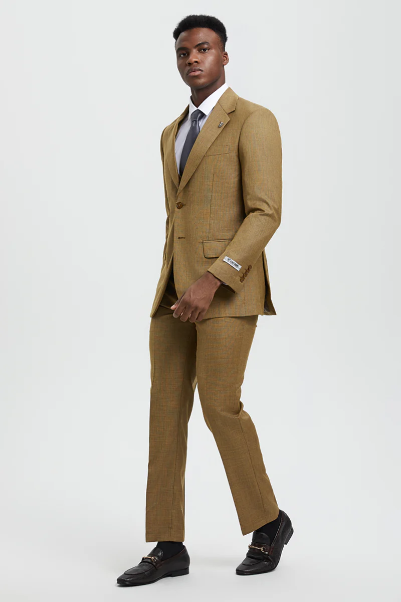 Men's Two Button Vested Stacy Adams Designer Sharkskin Suit in Light Mustard - Image 3