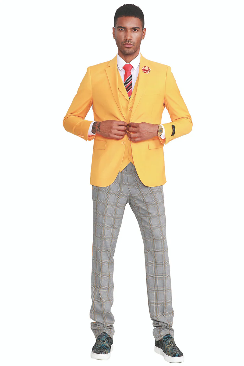 Men's Two Button Vested Summer Suit in Canary Yellow with Grey & Yellow Plaid Pants - Image 2