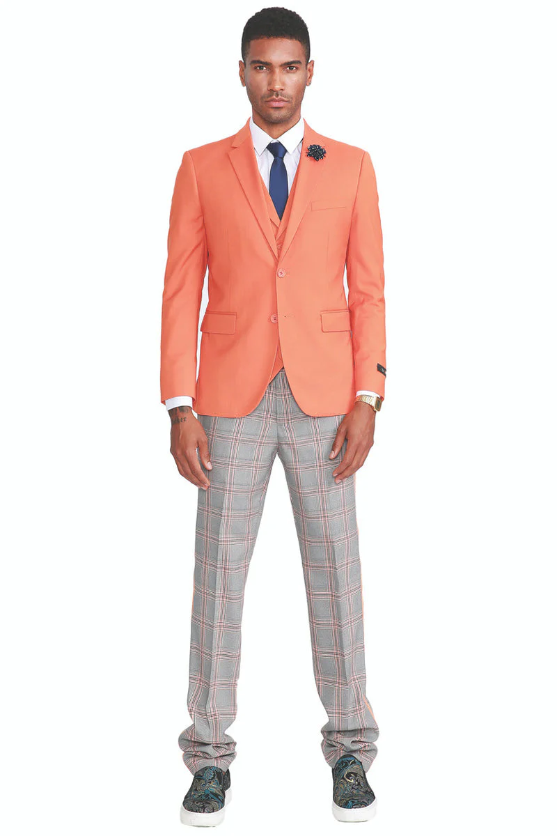 Men's Two Button Vested Summer Suit in Orange with Grey & Orange Plaid Pants | CLOSE OUT 40R - Image 2