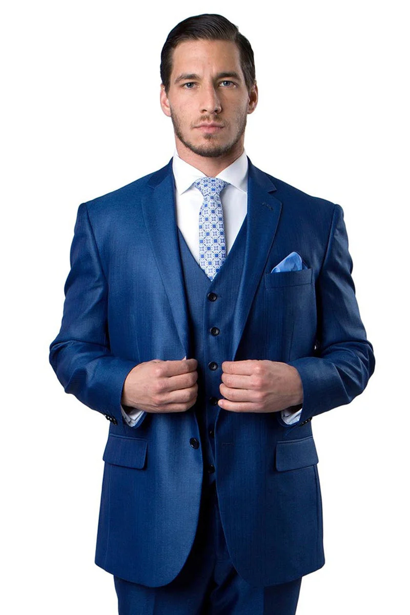 Men's Two Button Vested Textured Sharkskin Business Suit in Blue | CLOSE OUT 50R