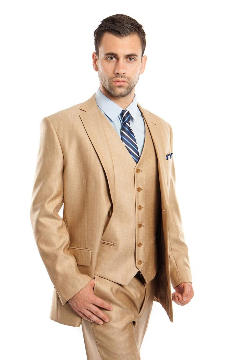 Men's Two Button Vested Textured Sharkskin Business Suit in Camel Wheat