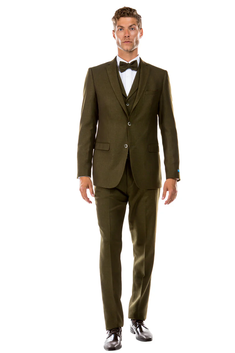 Men's Two Button Vested Vintage Style Tweed Wedding Suit in Olive Green - Image 2