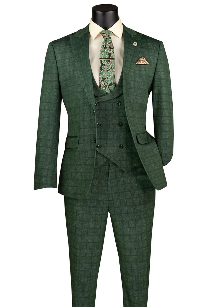Men's Two Button Vintage Style Slim Fit Vested Plaid Suit in Green - Image 2