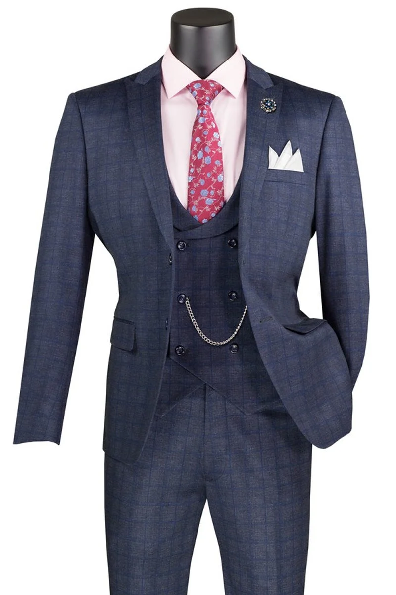 Men's Two Button Vintage Style Slim Fit Vested Plaid Suit in Navy Blue