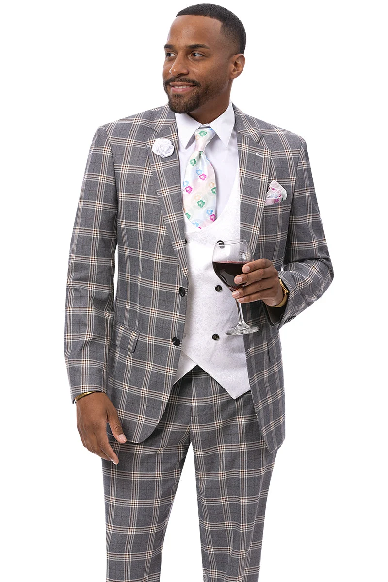 Men's Two Button Windowpane Plaid Suit in Grey with Double Breasted White Paisley Vest - Image 2