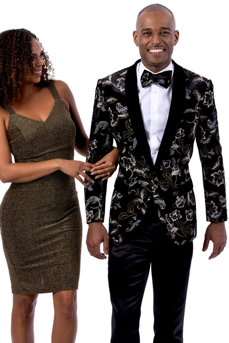 Mens Velvet Black & Gold Paisley Wedding & Prom Tuxedo Dinner Jacket
