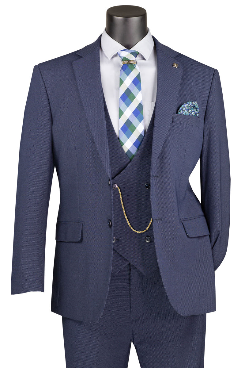 Men's Vested Modern Fit Textured Birdseye Suit in Navy Blue