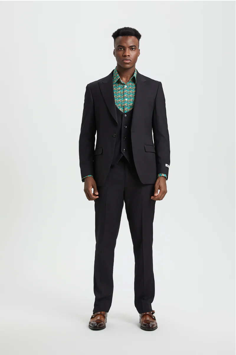 Men's Vested One Button Peak Lapel Stacy Adams Designer Suit in Black - Image 2