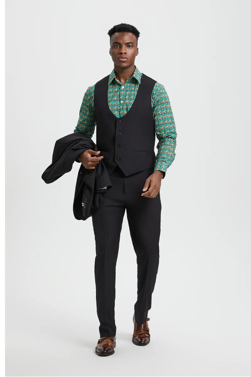 Men's Vested One Button Peak Lapel Stacy Adams Designer Suit in Black - Image 3