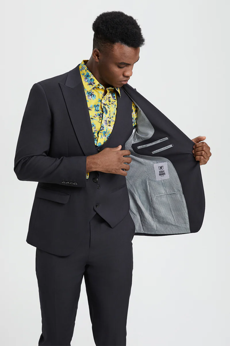 Men's Vested One Button Peak Lapel Stacy Adams Designer Suit in Charcoal - Image 6