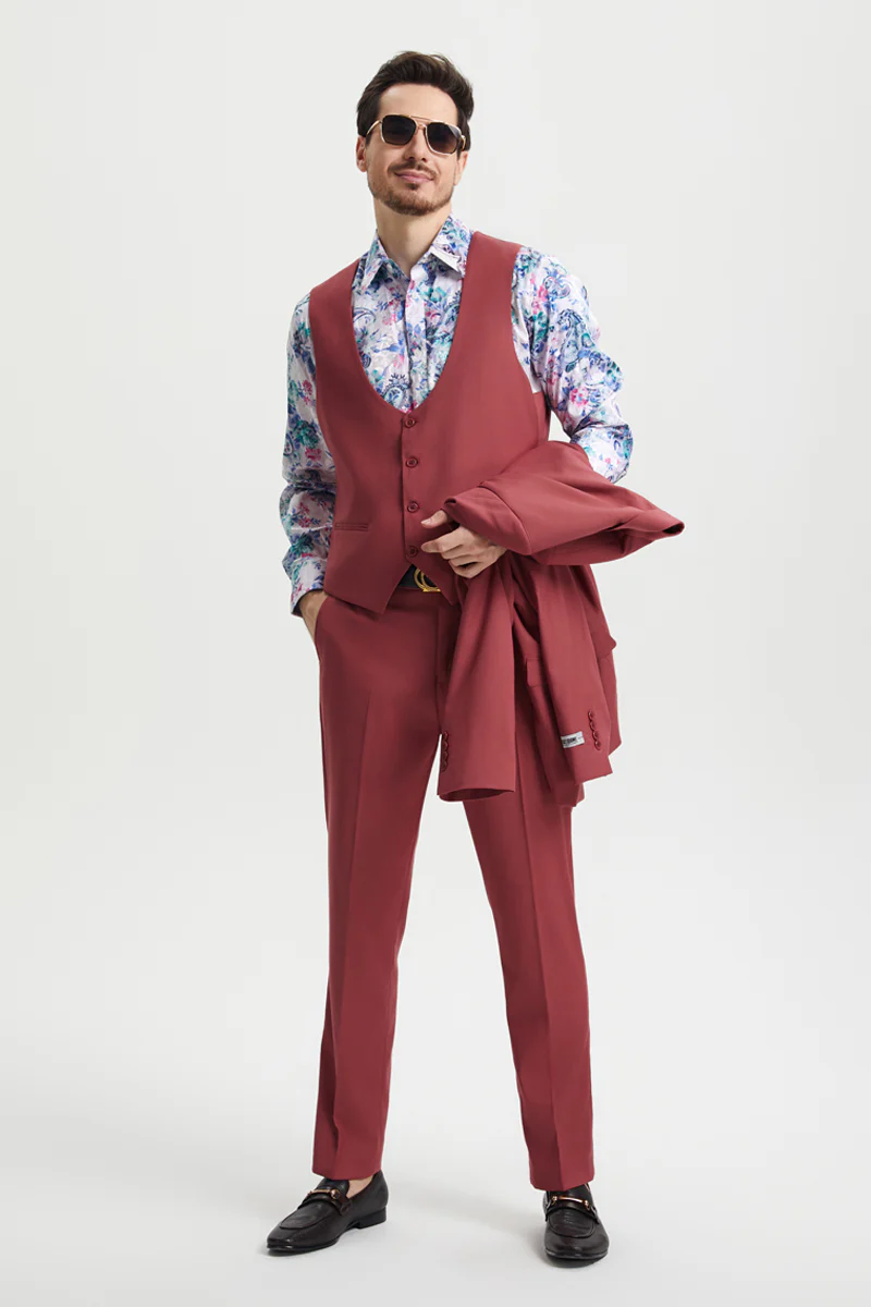 Men's Vested One Button Peak Lapel Stacy Adams Designer Suit in Coral Blush Pink - Image 4