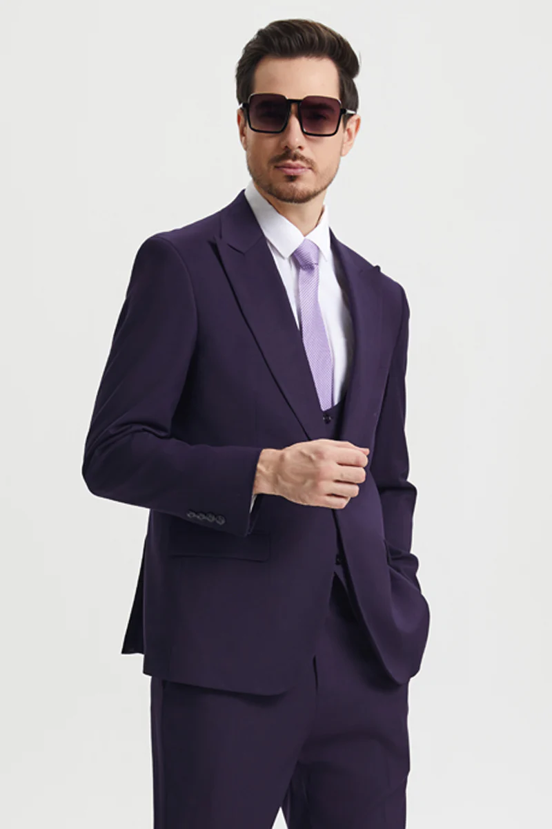 Men's Vested One Button Peak Lapel Stacy Adams Designer Suit in Eggplant
