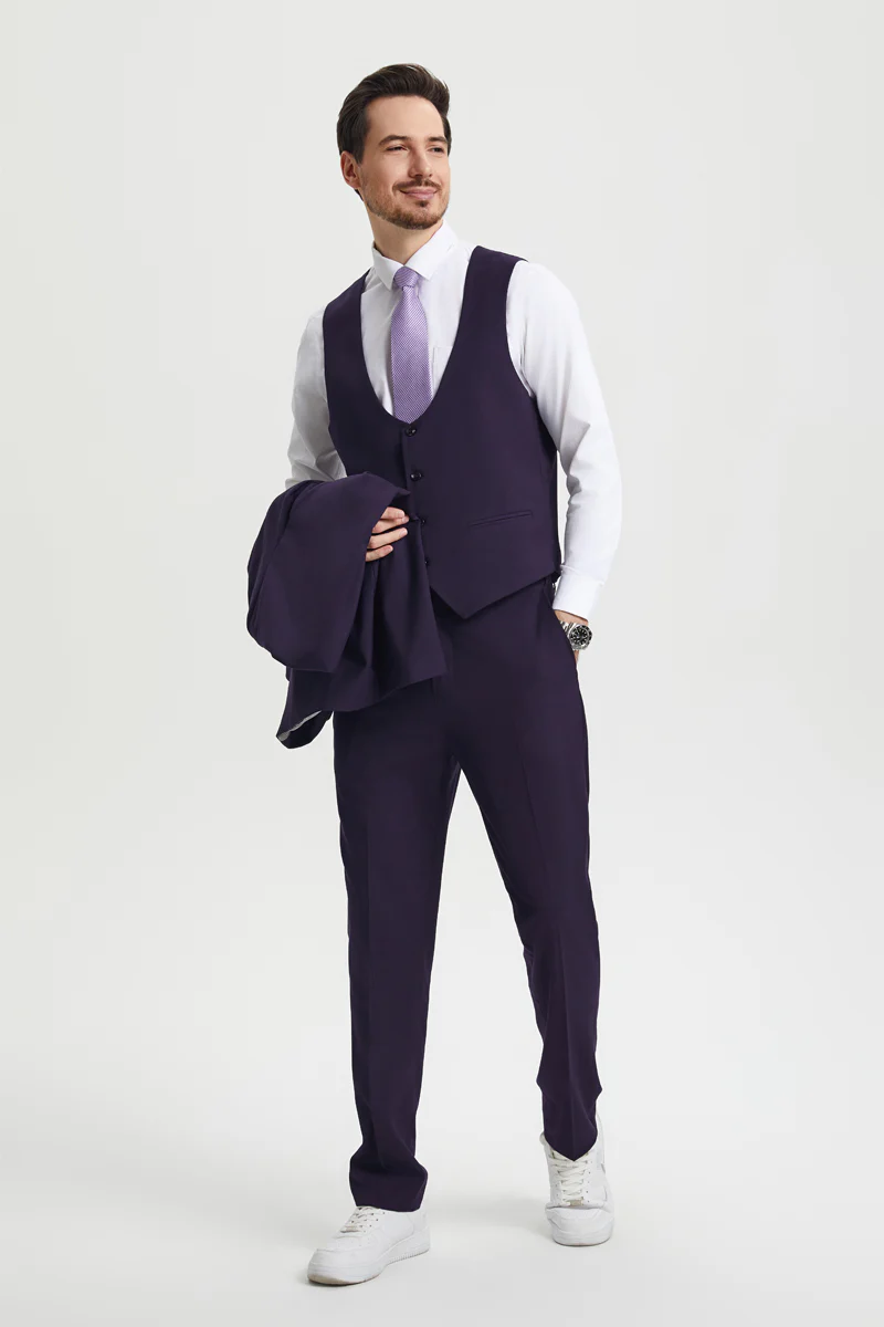Men's Vested One Button Peak Lapel Stacy Adams Designer Suit in Eggplant - Image 3