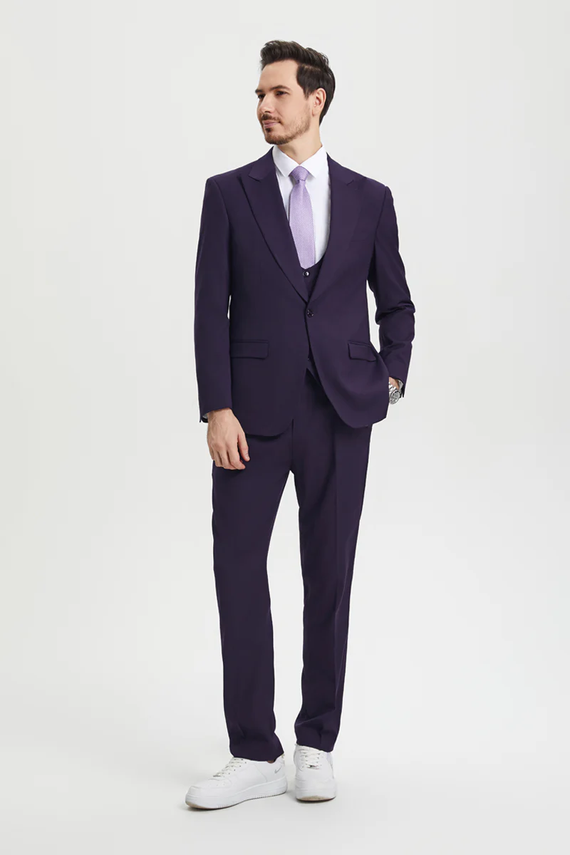 Men's Vested One Button Peak Lapel Stacy Adams Designer Suit in Eggplant - Image 4
