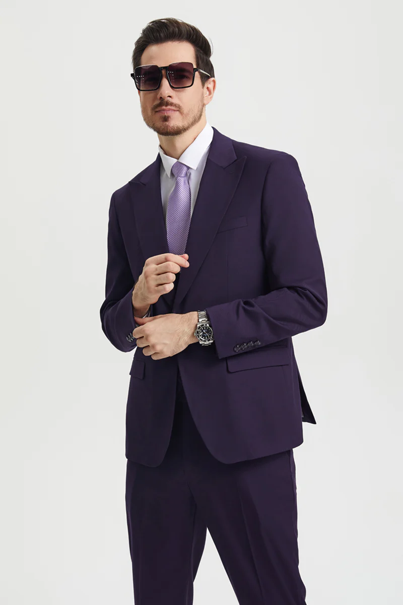 Men's Vested One Button Peak Lapel Stacy Adams Designer Suit in Eggplant - Image 6