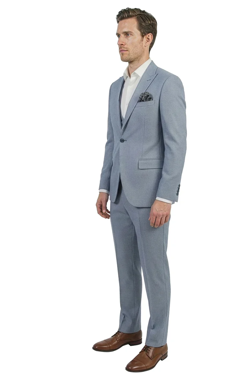Men's Vested One Button Peak Lapel Stacy Adams Designer Suit in Light Blue Birdseye - Image 2