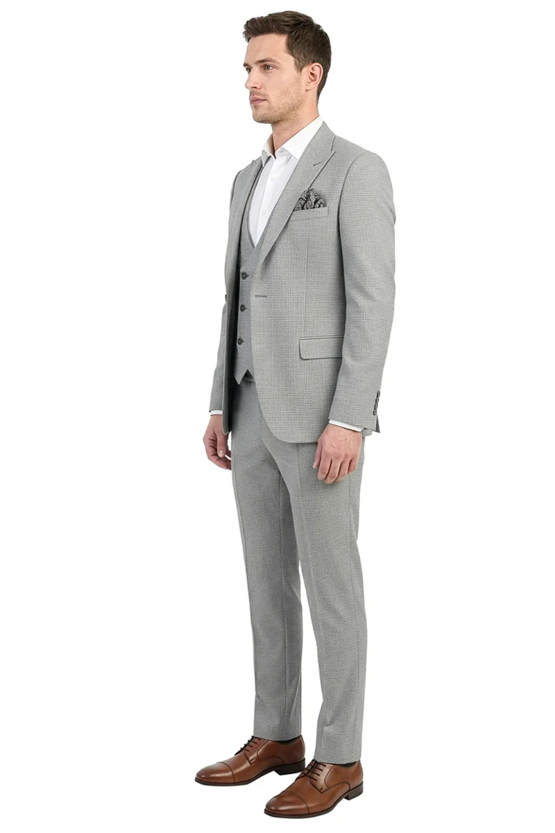 Men's Vested One Button Peak Lapel Stacy Adams Designer Suit in Light Grey Birdseye - Image 2