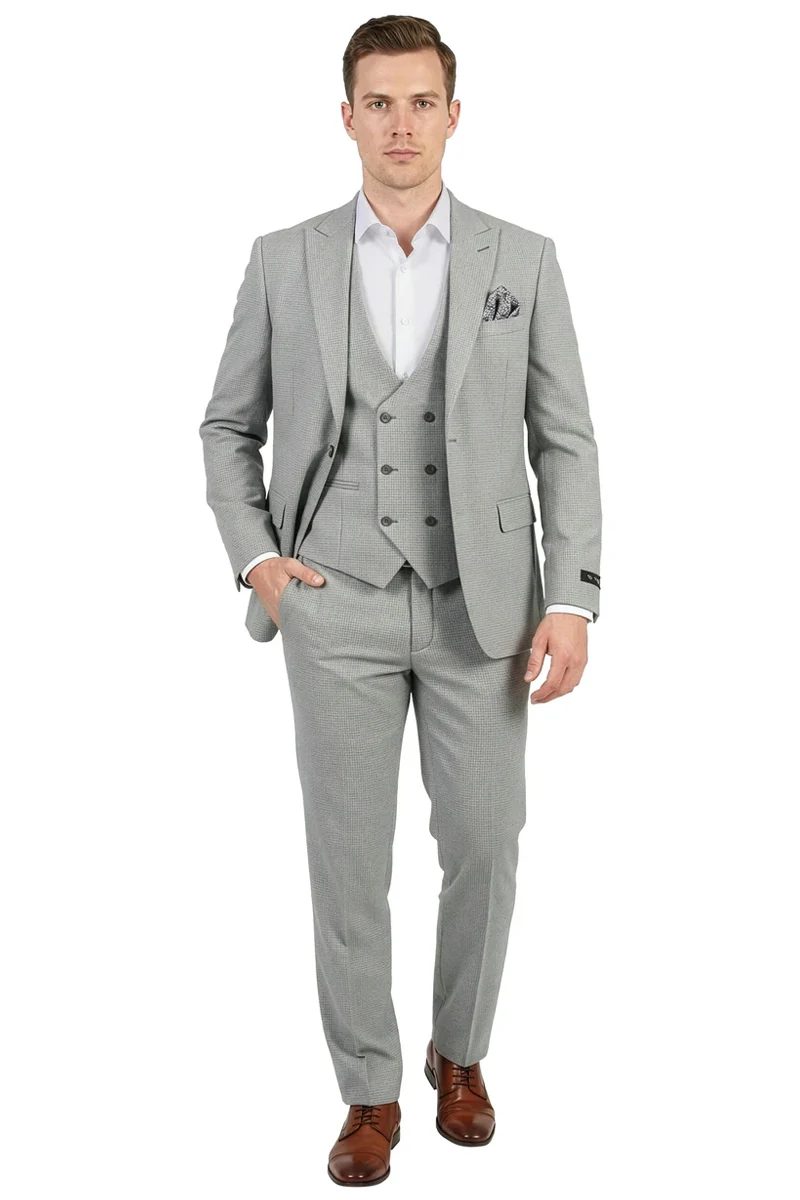 Men's Vested One Button Peak Lapel Stacy Adams Designer Suit in Light Grey Birdseye - Image 3
