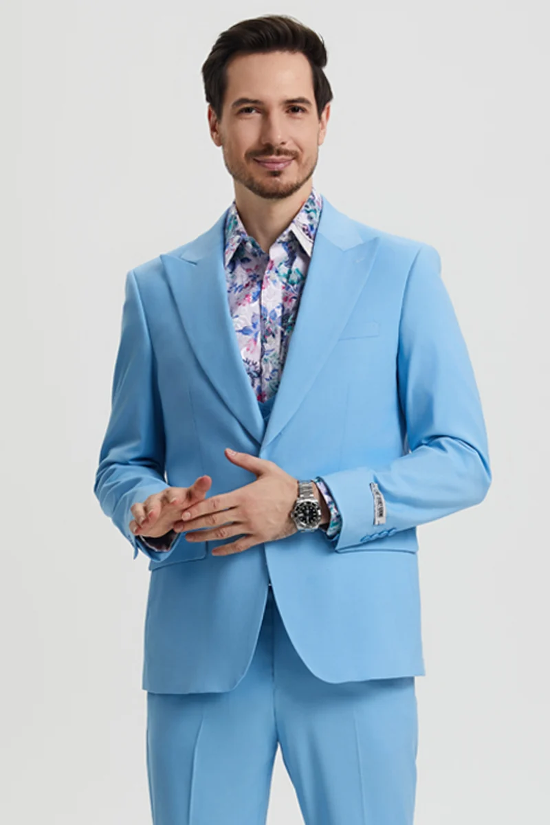 Men's Vested One Button Peak Lapel Stacy Adams Designer Suit in Sky Blue