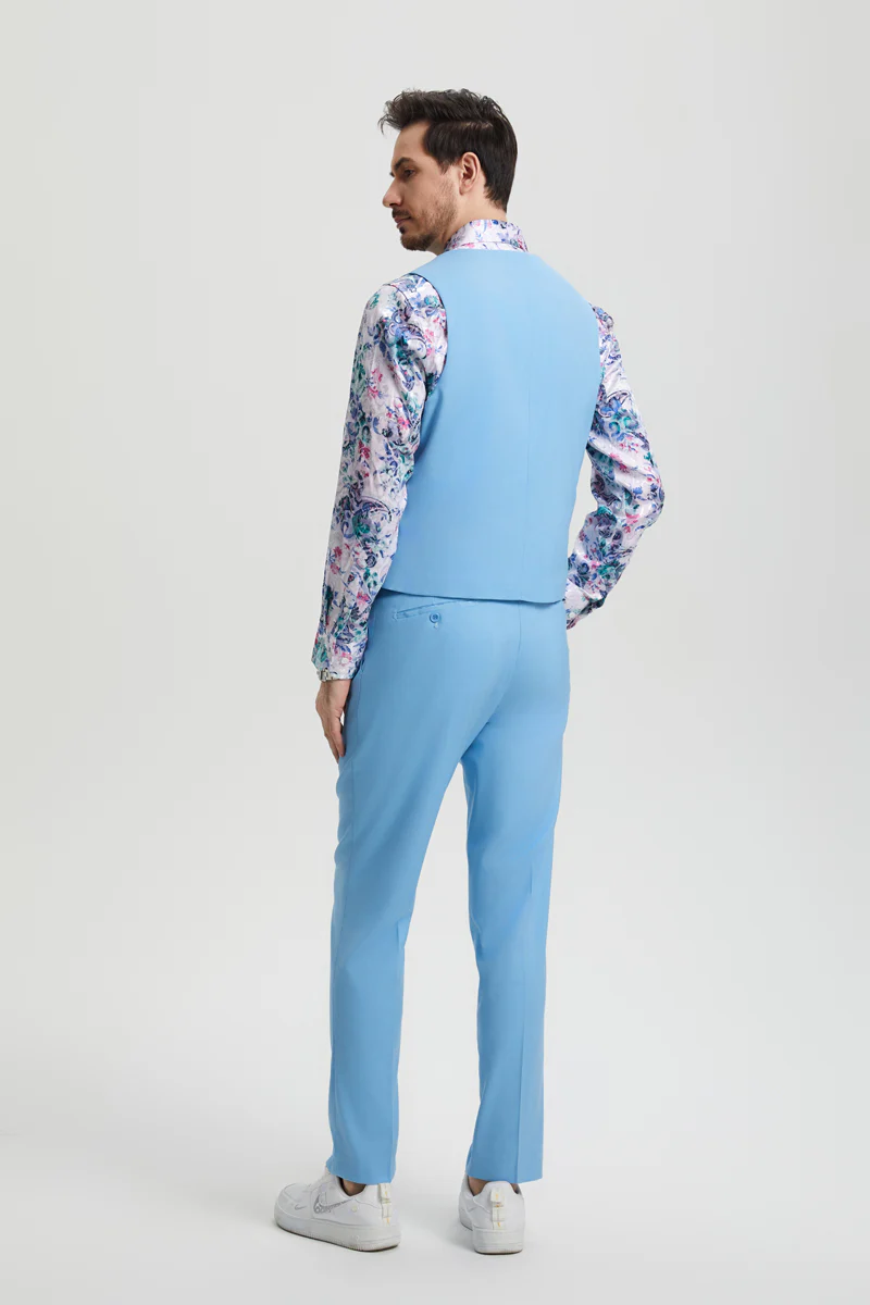 Men's Vested One Button Peak Lapel Stacy Adams Designer Suit in Sky Blue - Image 5