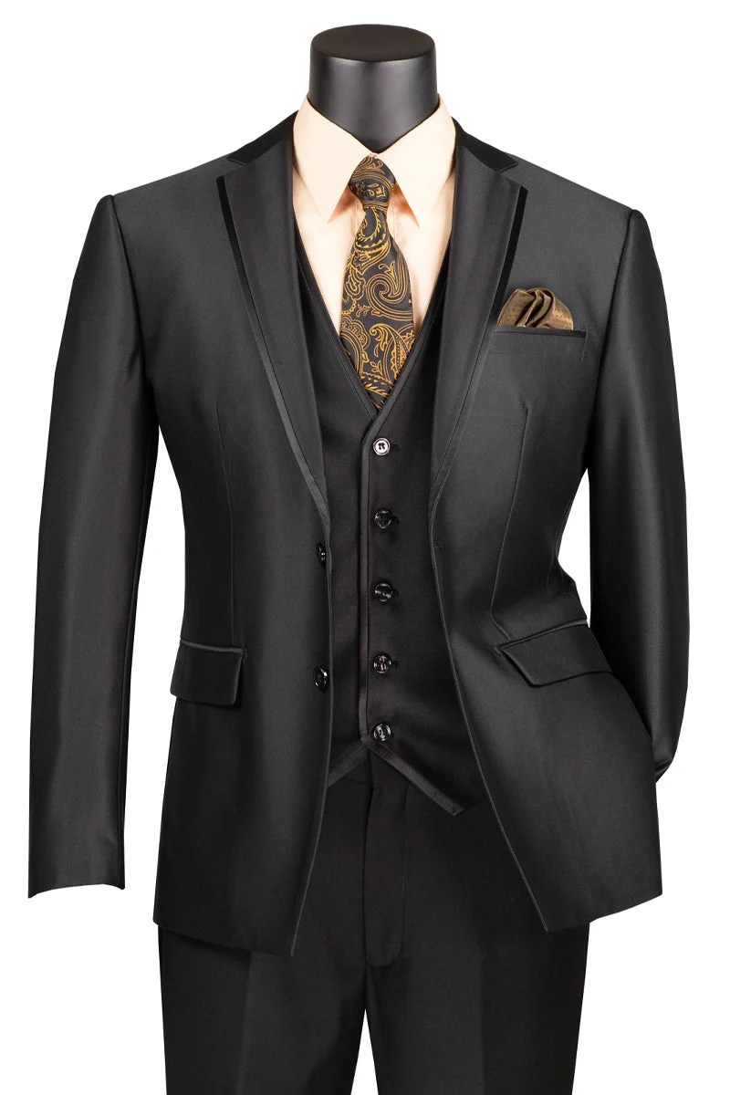 Men's Vested Slim Fit Shiny Sharkskin Wedding & Prom Tuxedo Suit in Black