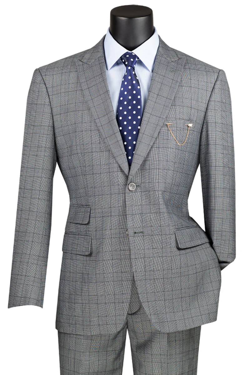 Men's Two Button Modern Fit Peak Lapel Plaid Suit in Medium Grey